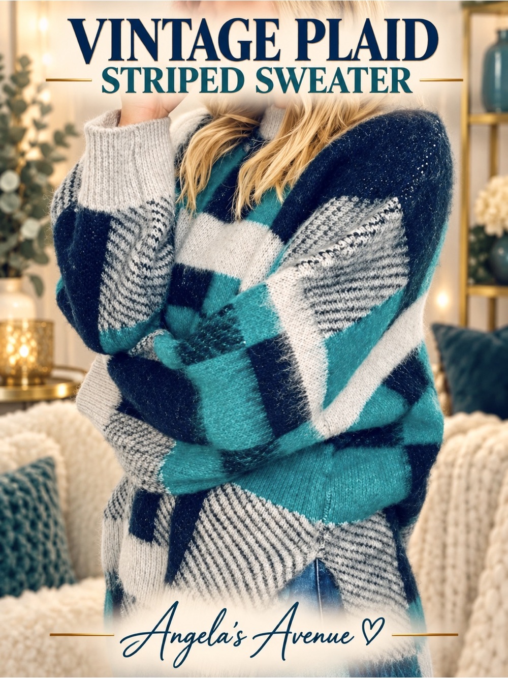 Vintage Inspired Plaid Stripped Sweater NEW